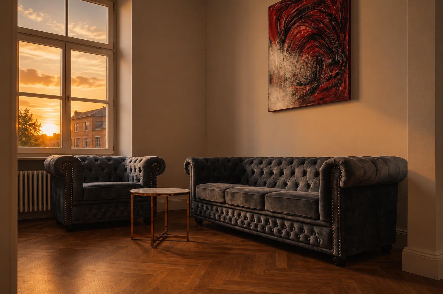 Empfangsecke mit Chesterfield-Sofas, Fischgrätparkett und Blick in den Sonnenuntergang