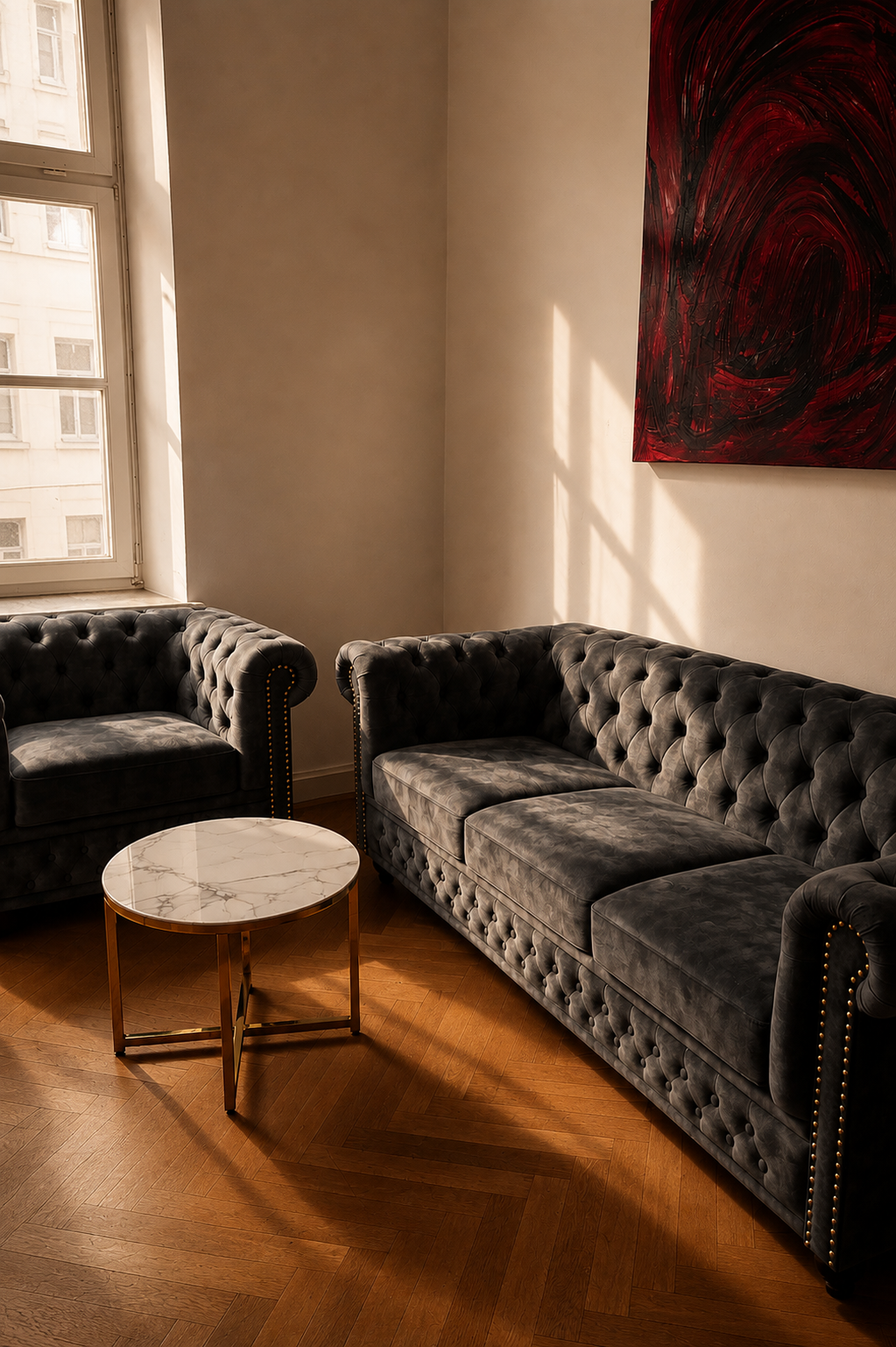 Loungeecke mit Chesterfield-Sofas, Fischgrätparkett und Kunstwerk im Gegenlicht