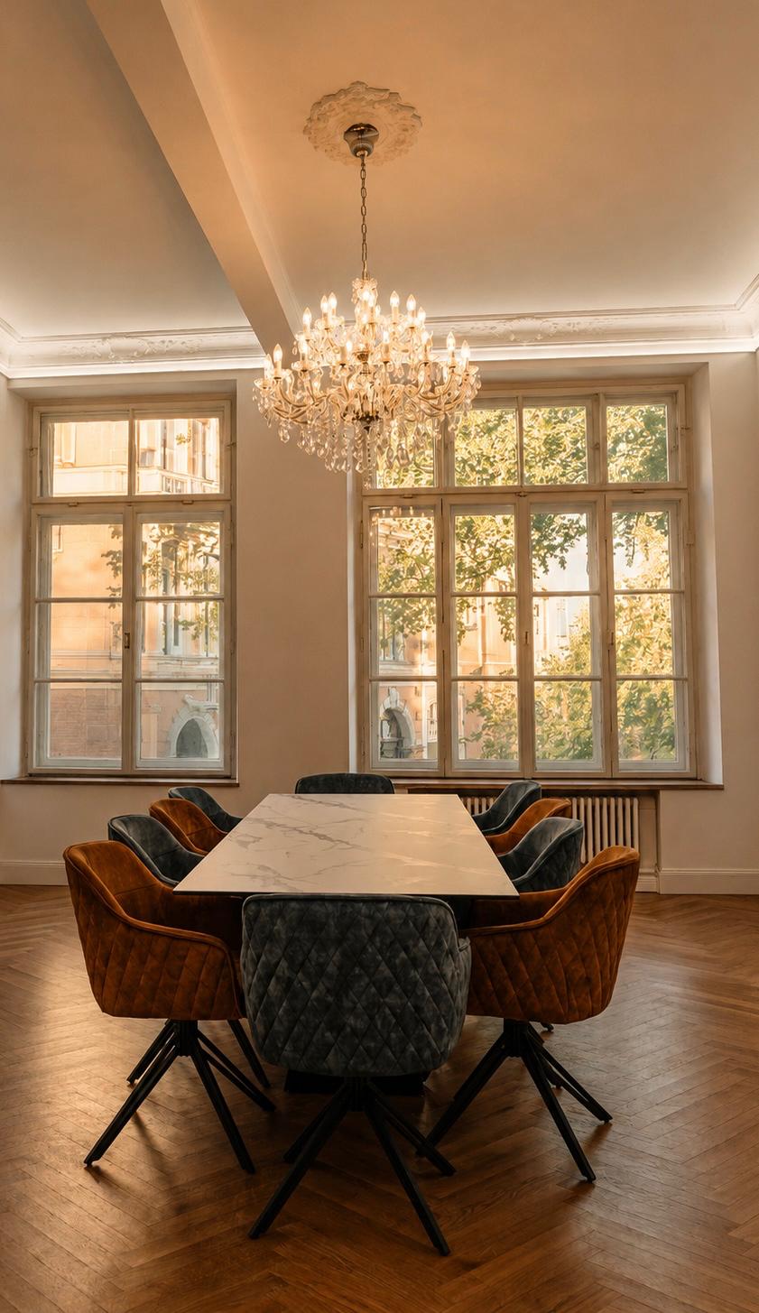 Besprechungszimmer im Abendlicht mit Kronleuchter und Blick auf das Platzl